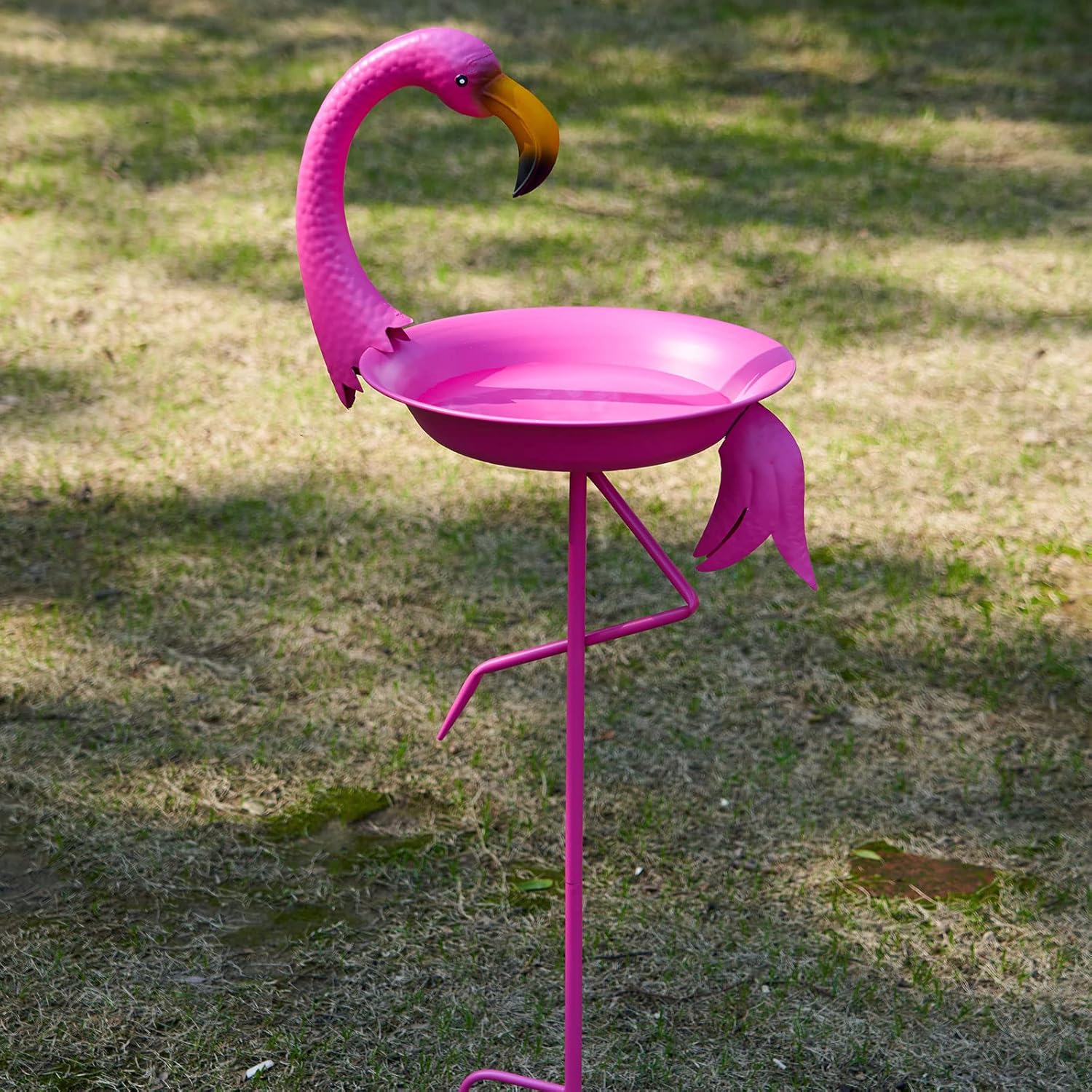 12.6" W*39.4" H Flamingo Bird Baths for Outdoor, Metal Bird Bath Bowl, Bird Feeder or Drinker Plate with Metal Stake, Home Garden Lawn Yard Decor
