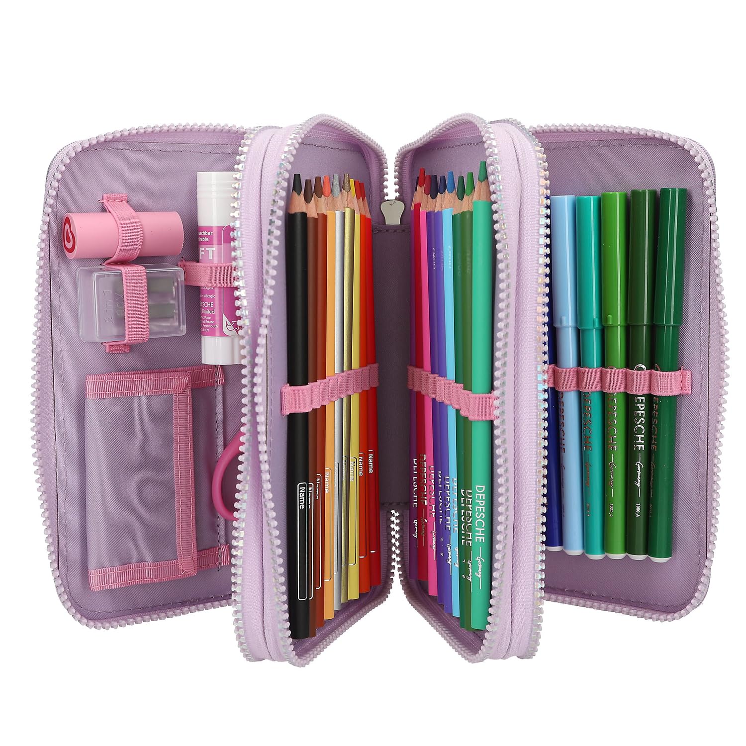Trousse à crayons Depesche 13417 Ylvi - 3 compartiments en violet, licorne et ailes, avec crayons de couleur, règle, ciseaux et plus