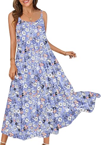 Summer Casual Loose Spaghetti Strap Dresses for Women Boho Maxi Sleeveless Dress Beach Vacation Floral Flowy Sundress M H12 FL3DG