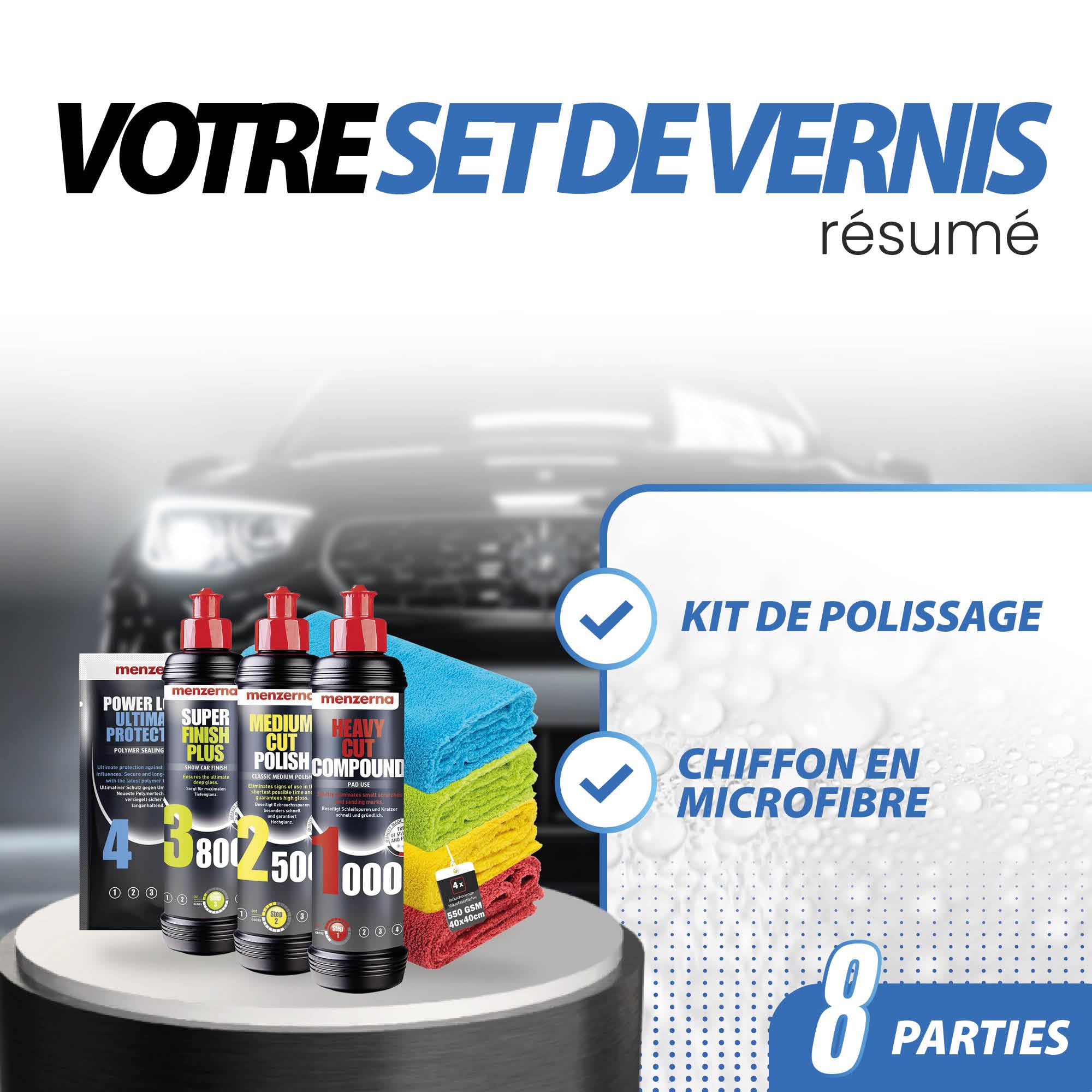 Menzerna Kit de Polissage pour Voiture : Menzerna Heavy Cut Compound 1000 + Medium Cut Compound 2200 + Super Finish 3500 + Power Lock Sachet 20ml + 4X Chiffon Microfibre 40x40cm