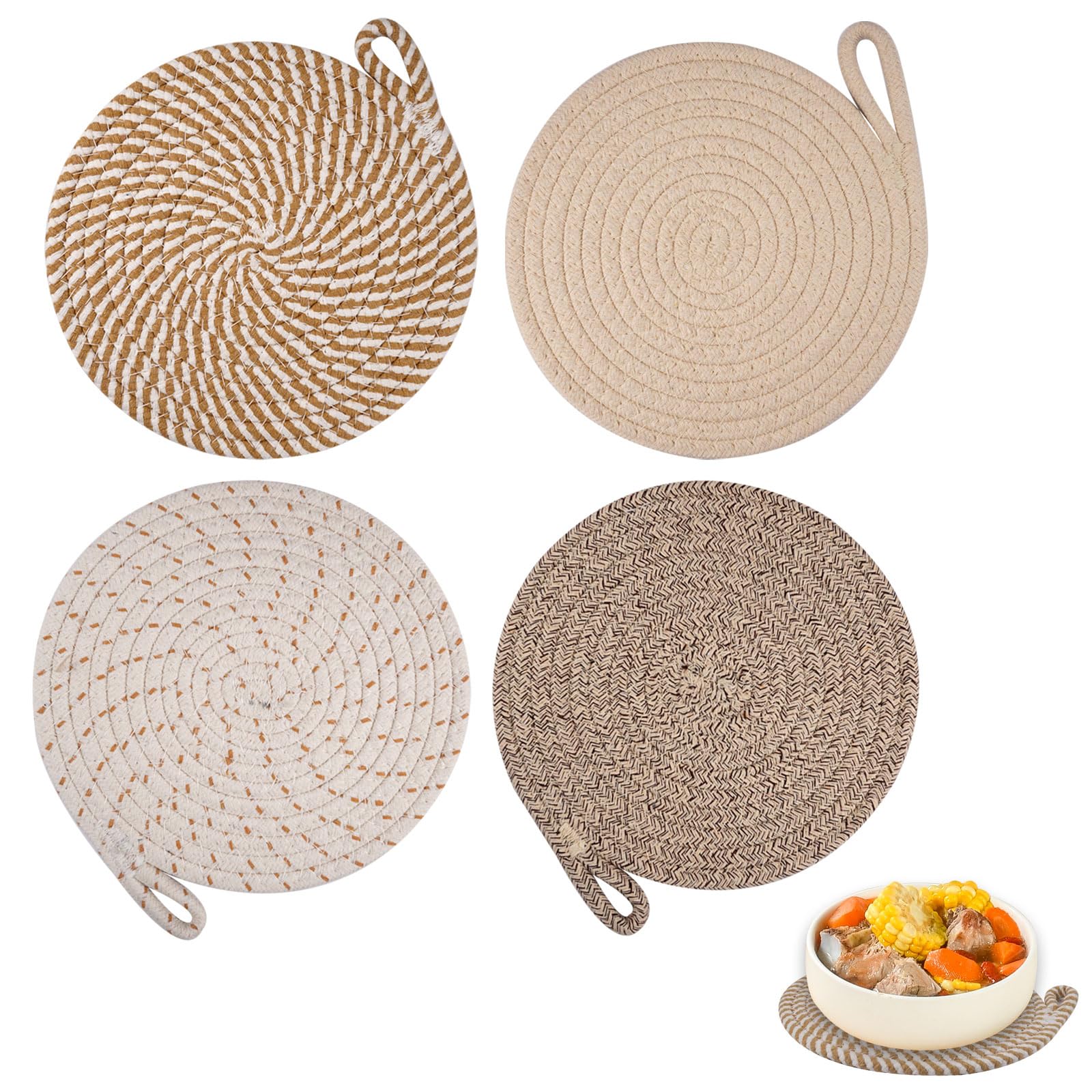Lot de 4 Dessous de Plats Résistants à La Chaleur pour Plats Chauds 20 cm/7.87 inch,Dessous de Verre en Coton Tissé, Dessous de Plat en Fil de Coton Ronds, sous Plat de Table pour Casseroles,Poêles