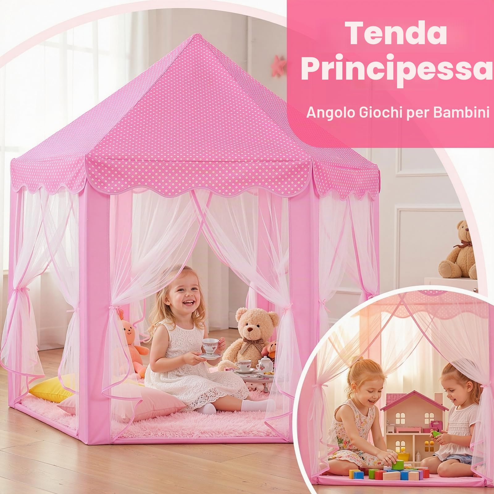 Sumbababy Giocare tende per bambini principessa castello tenda con tappeto per ragazze fata esagonale giocattolo casetta per bambini o bambini piccoli giochi al coperto (rosa)