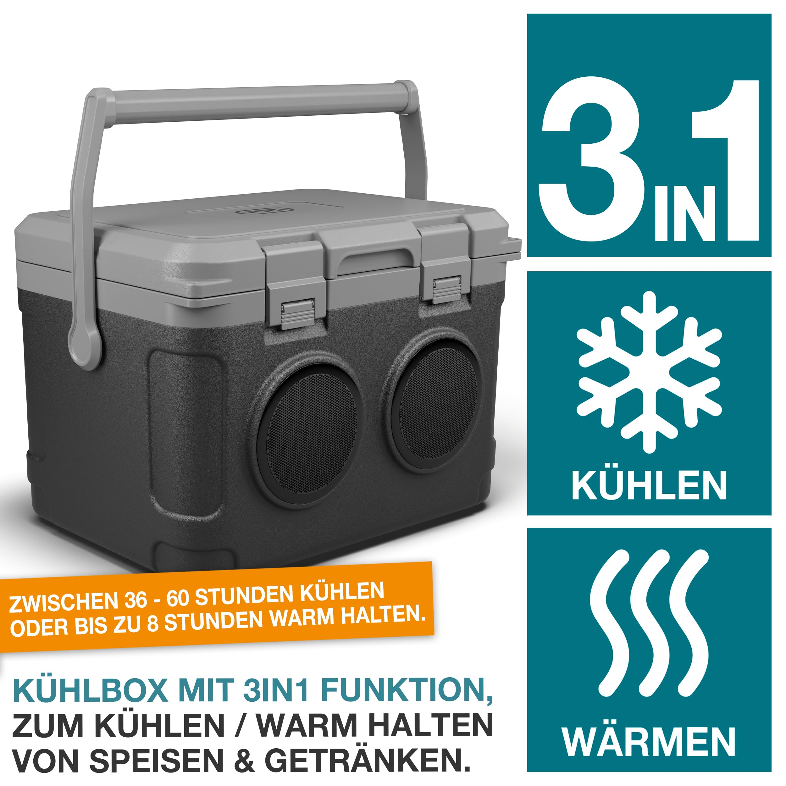 TOM 3in1 Musik Kühlbox 21l zum Kühlen, Warmhalten und Musik hören – mit Bluetooth Lautsprecher – Kühlen mit Kühlakkus – Mobile Kühlbox – für Auto, Camping, Wohnwagen & Co.