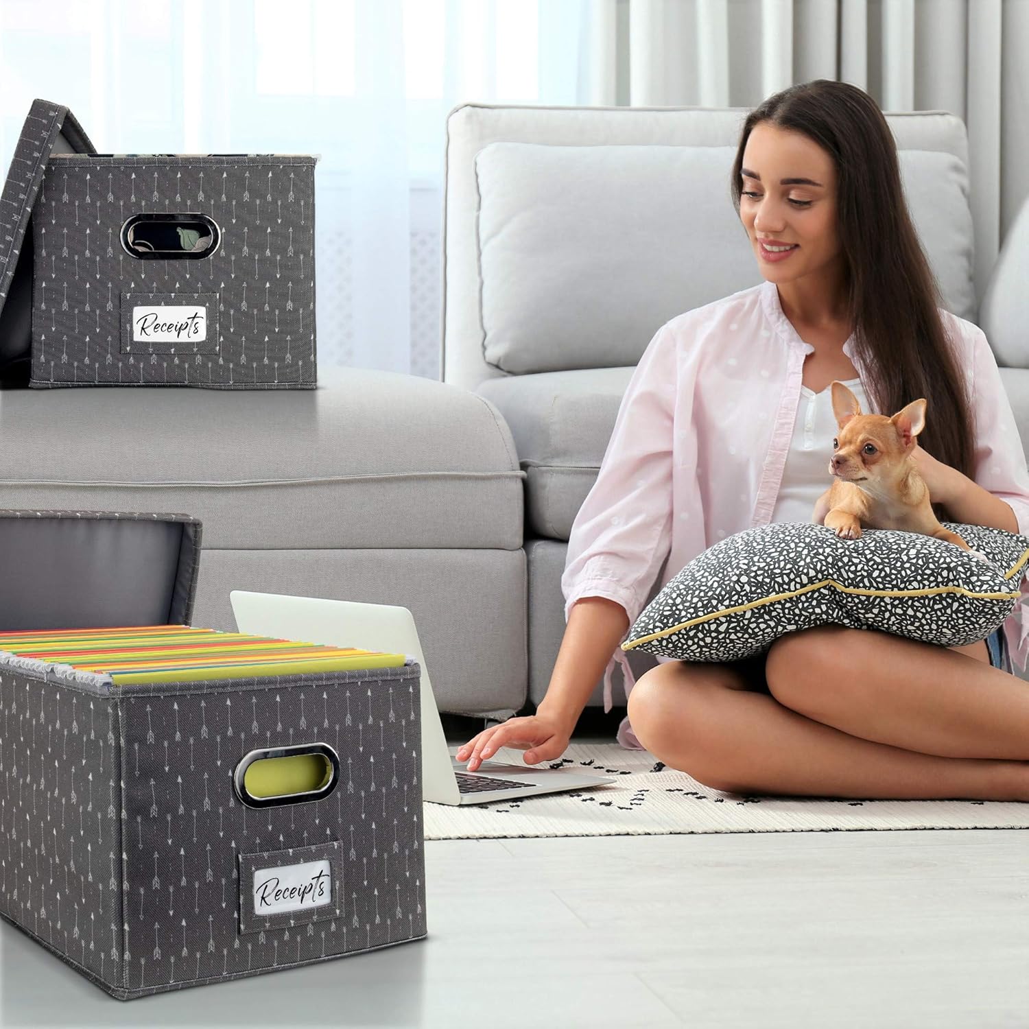 Decorative File Organizer Box Set of 2 - Collapsible Linen Filing Cabinets for Space Saving Storage : Office Products