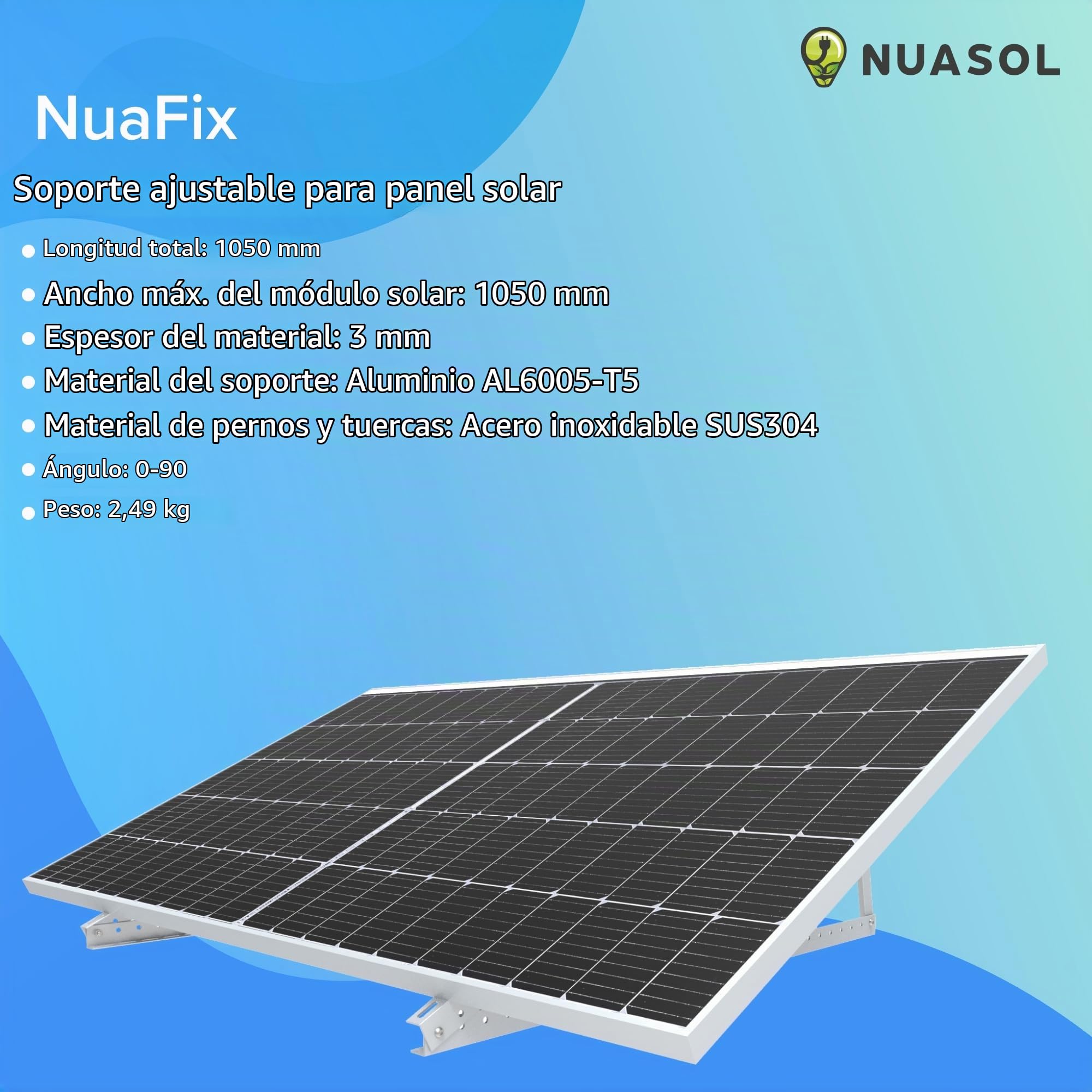Soporte para panel solar, hasta 105 cm, techo plano, módulo solar PV, ajustable 0-90°, set de aluminio, material de montaje, color plateado