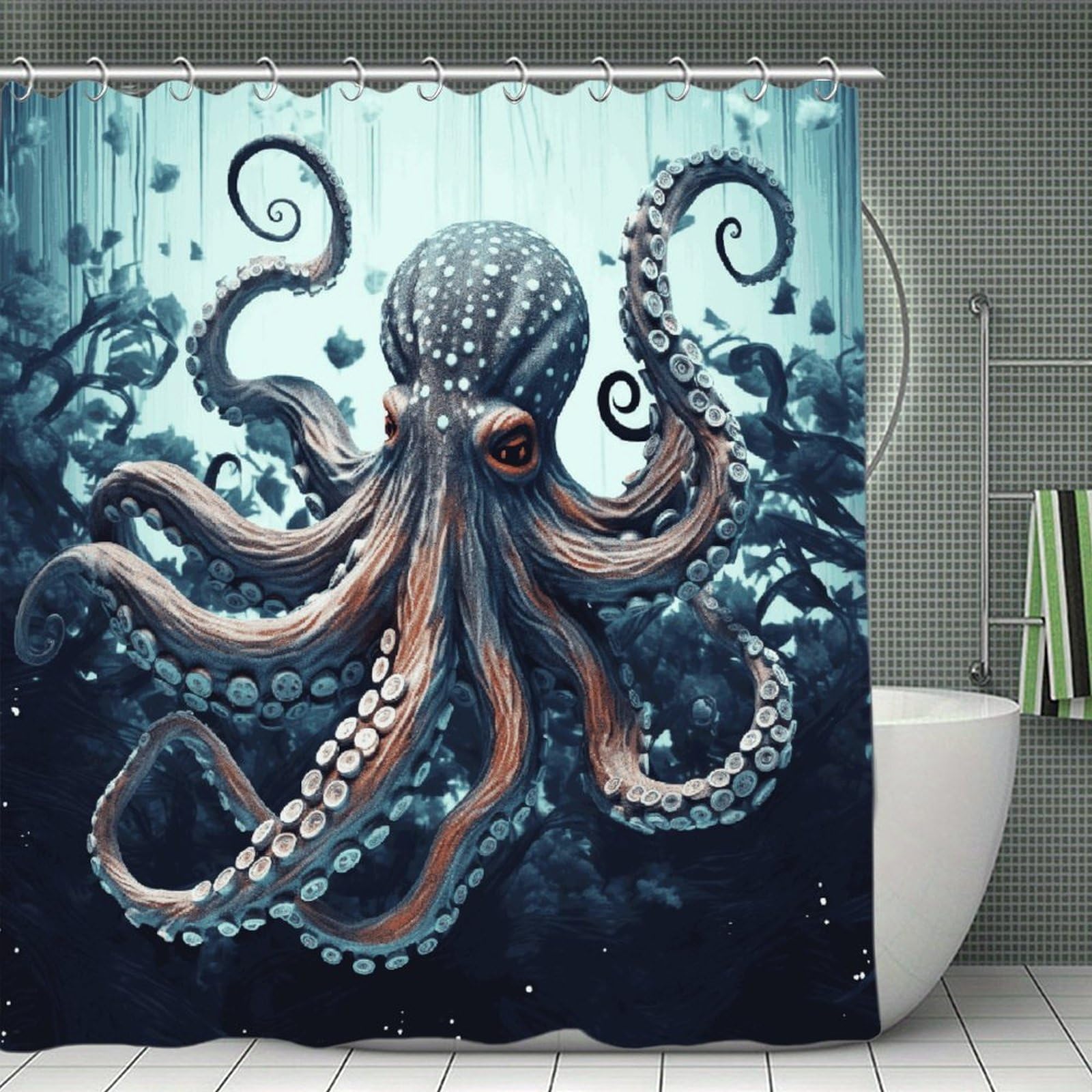 FekiLoot Cool Octopus Shower Curtain Minimalist Aesthetic Bath Curtain with Hooks Simple Water Resistant Bathroom Shower Curtains Cute Blackout Privacy Curtains Cloth Curtain