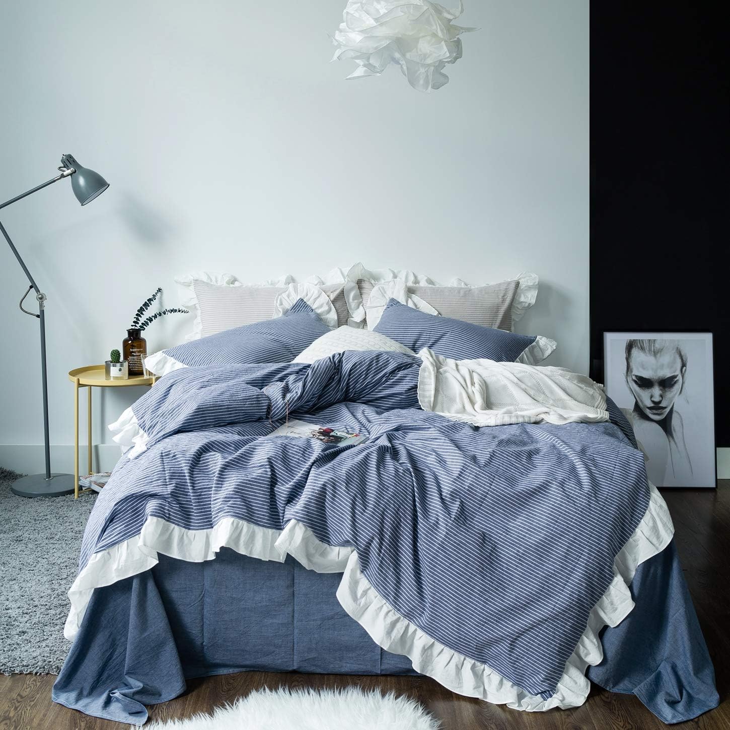 SUSYBAO Blue White Striped Duvet Cover Queen 100 Washed Cotton Denim Blue Ruffle