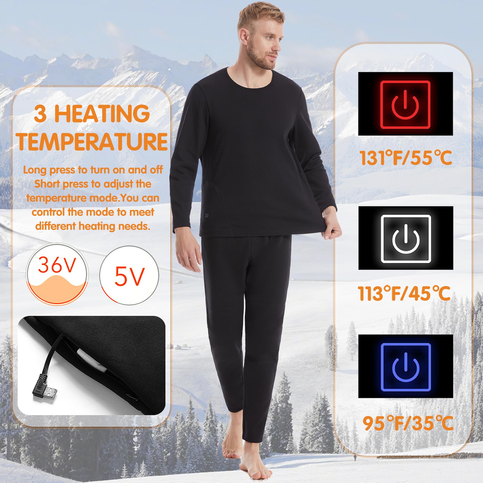Ropa Interior de calefacción para Hombres, Recargable calentado Largo John Conjunto Forrado Polar Caza térmica Camiseta y pantalón