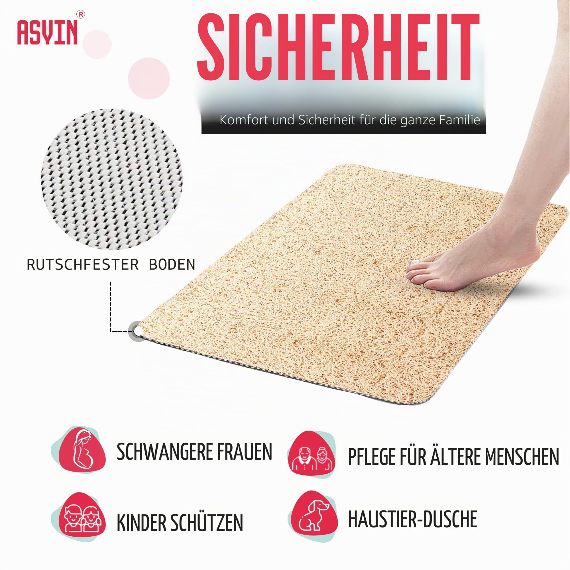 Asvin Weiche, strukturierte, rutschfeste Bade- und Duschmatte für Dusche und Nassbereiche, 40x60 cm, Beige, schnell trocknend, antibakteriell und schimmelresistent