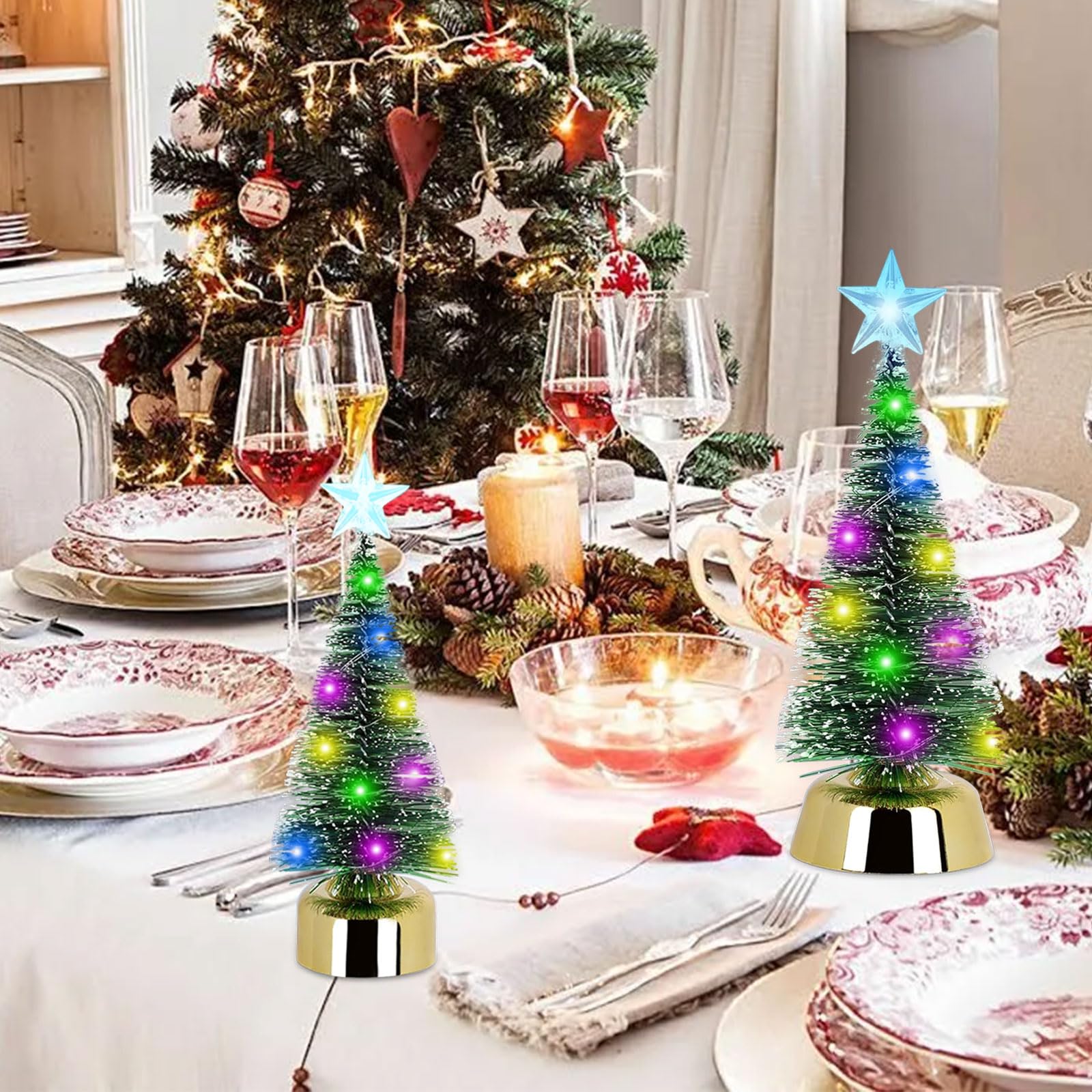 Mini Weihnachtsbaum, 2 Stück Weihnachtsbaum Künstlich, Grün Mini Tannenbaum, Tannenbaum Deko Klein, LED Künstlicher Kiefernbaum, Schnee Effek Weihnachts Party Basteln for Tischdeko(19cm+25cm)