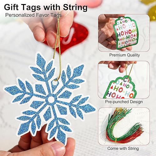 Miniatura 4 de Etiquetas de Navidad grandes, 80 etiquetas de regalo de papel de Navidad con purpurina, etiquetas de nombre colgantes con cuerda, etiquetas