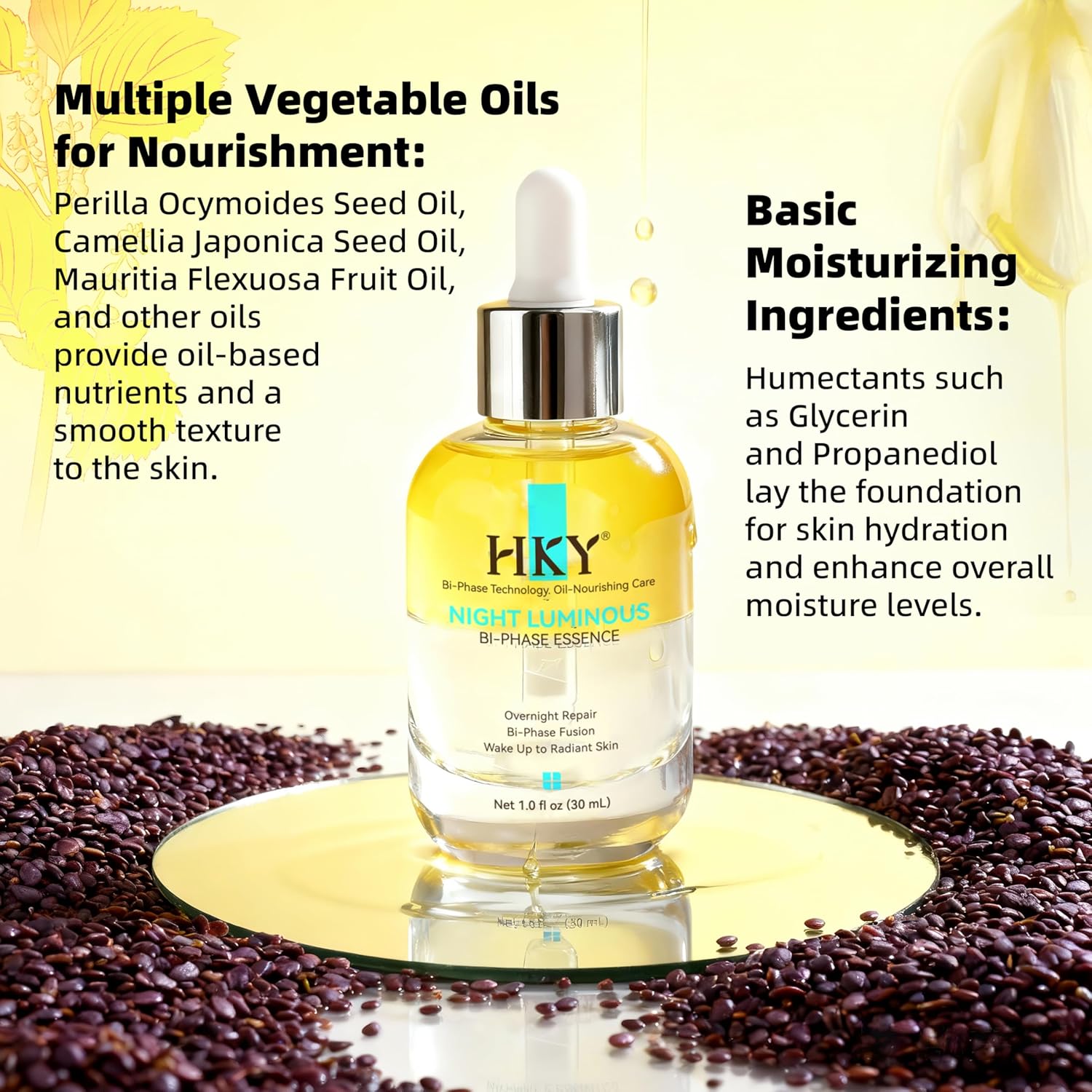 HKY Night Luminous Bi-Phase Essence - Probiotic Face Serum with Lactobacillus & Centella - Overnight Repair Ampoule for Glowing Skin - Hydrating Oil-Infused Formula for Dry & Dull Skin