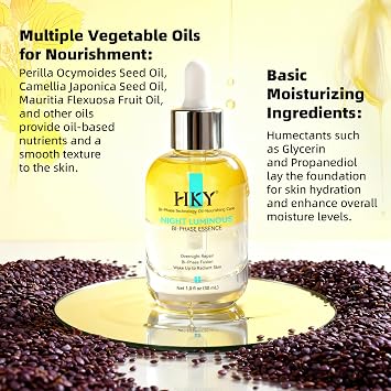HKY Bi-Phase Face Oil Serum, Korean Night Glow Essence with Fermented Probiotics, Centella Asiatica, Hyaluronic Acid & Lightweight Plant Oils, Shake-to-Mix Hydrating Serum for Dry Dull Skin, 30ml
