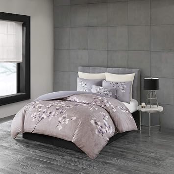N Natori Sakura Duvet Cover Reversible Cherry-Blossom Cotton Printed Flower Floral Botanical Matching Embroidered Shams Soft Corner Ties All Season Bedding-Sets, King/Cal King110"x96", Lilac