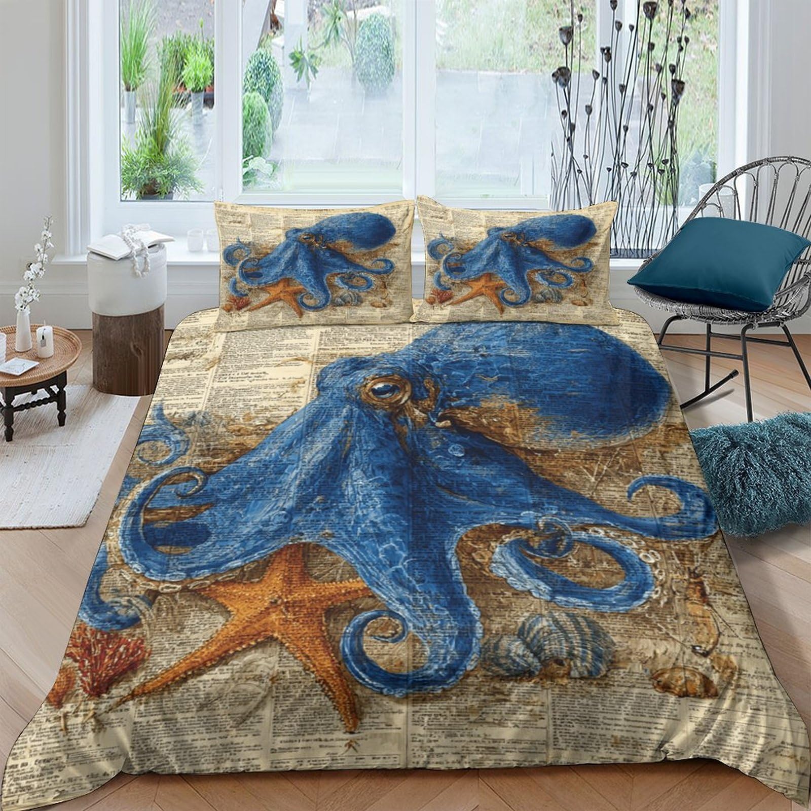 Ctjqhvkz Style-7 3D Printed Blue Octopus Fitted Sheet Microfiber Soft Marine Starfish Mattress Cover For Bedroom Dorm Easy Care Decor Single（135X200cm）