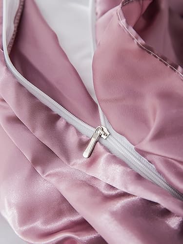 Miniatura 6 de Juego de funda de edredón sedosa de satén similar a la seda, color rosa rubor con estampado de satén con volantes rosados, 1 funda de edredón y 2