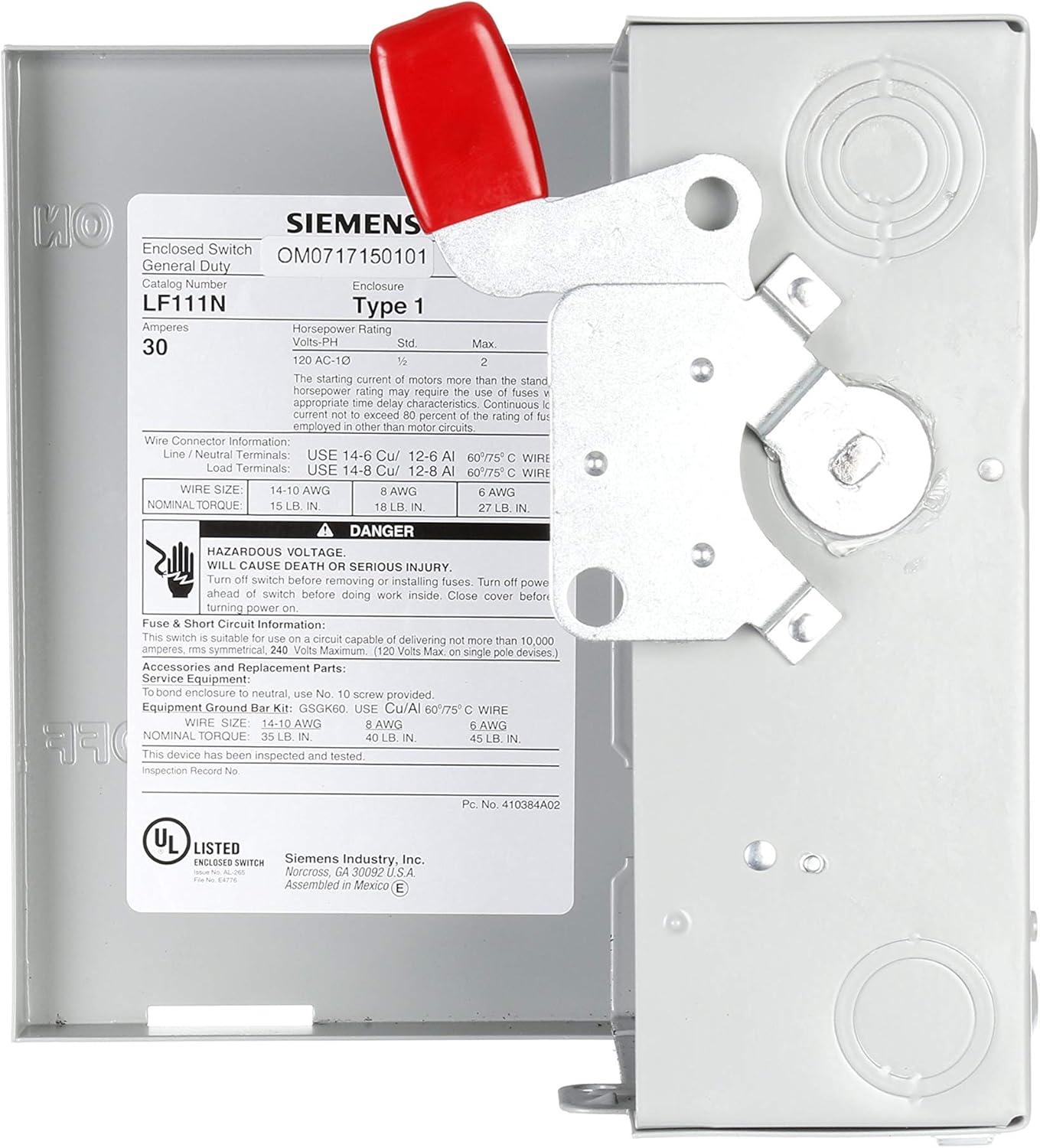 SIEMENS LF111N 30 Amp, 1 Pole, 120-Volt, PLUG Fused, GB W/N Indoor Rated - Wall Light Switches - 