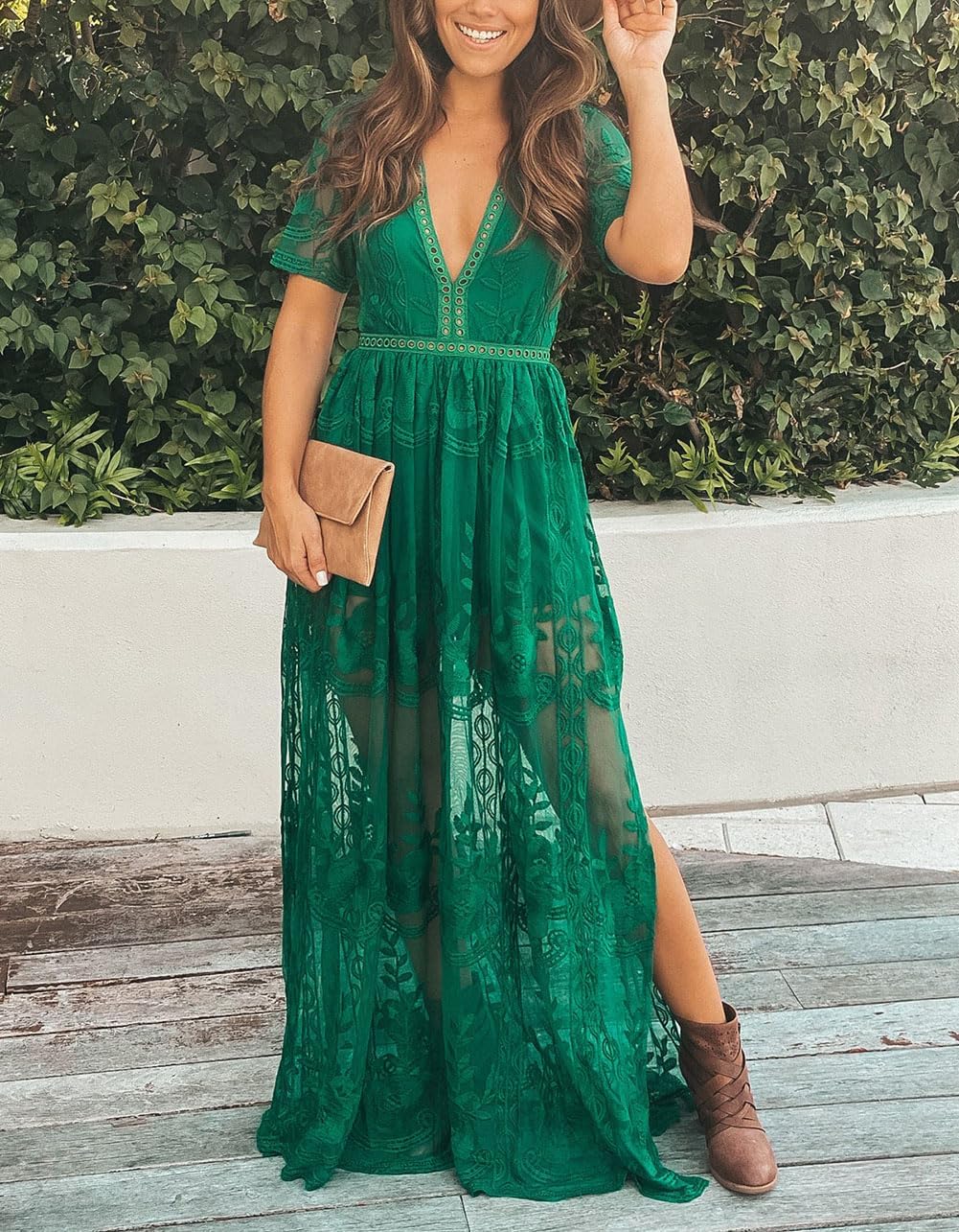 Eleter Women's Deep V-Neck Lace Romper Short Sleeve Long Dress - Image 2