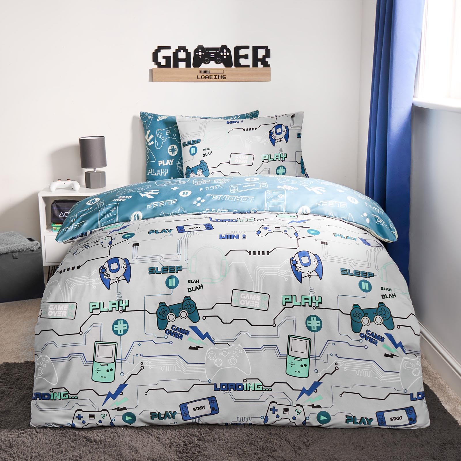 OHS Gaming Bedding Double Bed Set, Reversible Kids Duvet Set Double Print Bedding Boys Girls Gamer Duvet Cover with Pillowcase Ultra Soft Comfy Bed Set, Blue/Grey