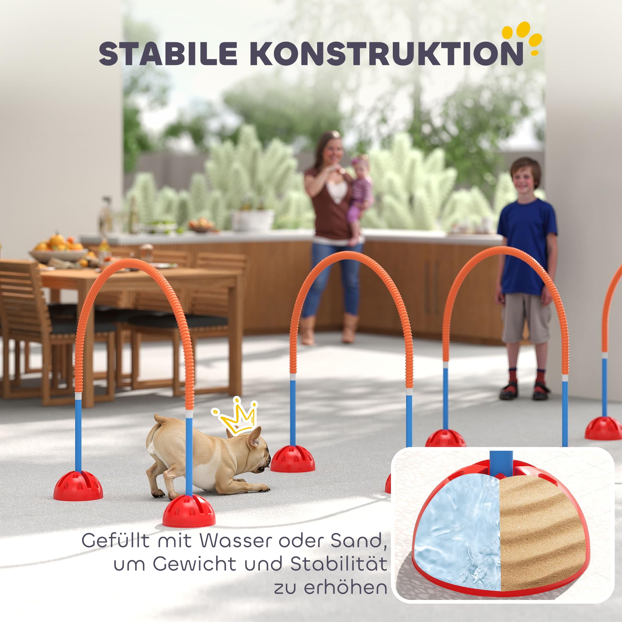 PawHut Agility zestaw dla psów, 5-częściowy zestaw z możliwością napełniania, wyposażenie zwinnościowe do treningu psa, zestaw płotek wtykowych z regulowanymi drzwiami zwinnościowymi, torba, akcesoria