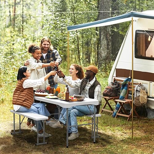 Miniatura 3 de VINGLI Juego de mesa de picnic con 2 bancos, juego de sillas de mesa de campamento de 6 pies, material HDPE resistente con marco de metal, muebles