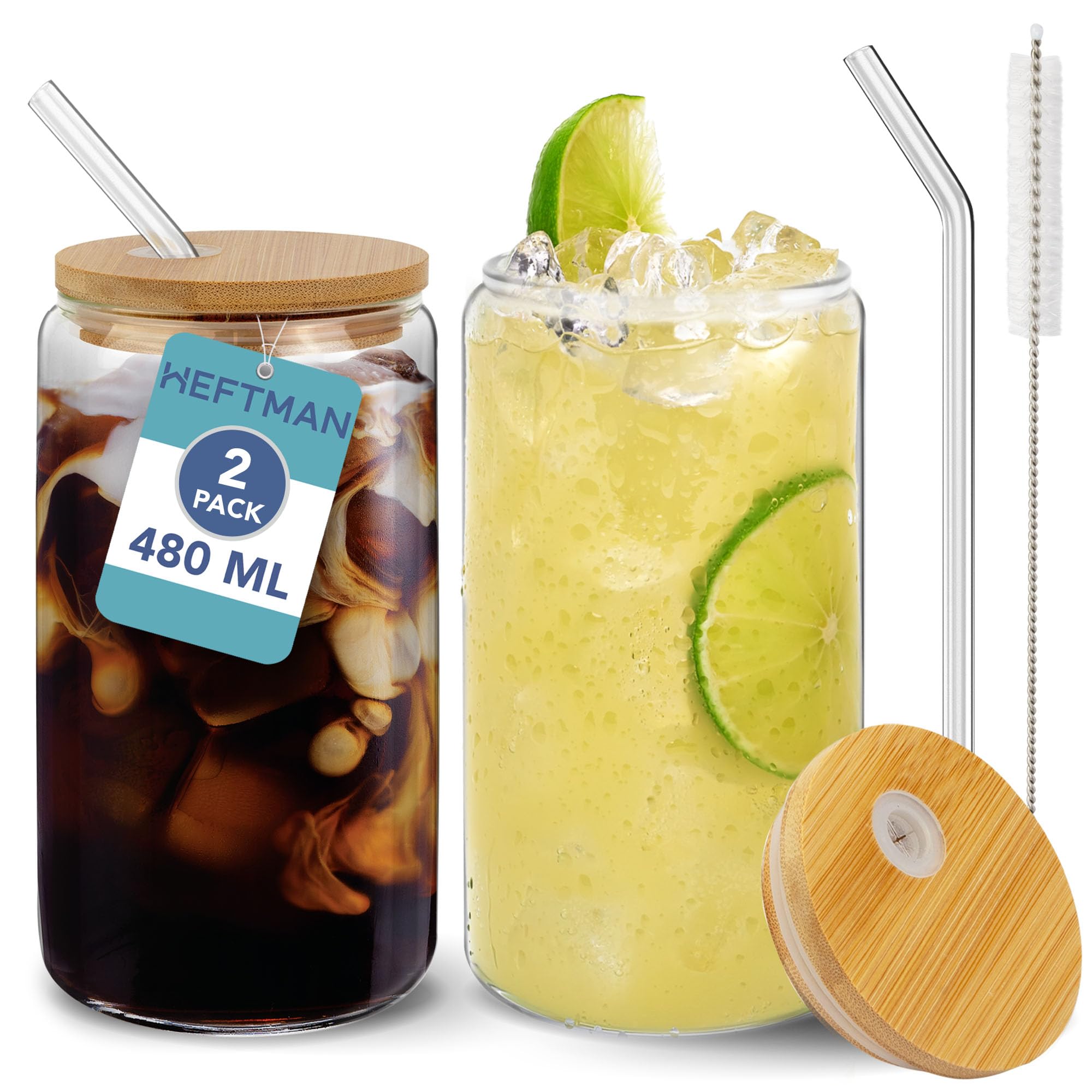 HEFTMAN Glass Cups with Lids and Straws - 2 Pack Empty 480ml Can Shaped Glasses with Airtight Bamboo Lids, Glass Straws & Straw Cleaning Brush - Iced Coffee Glass for Smoothies, Beer, Parties, BBQ