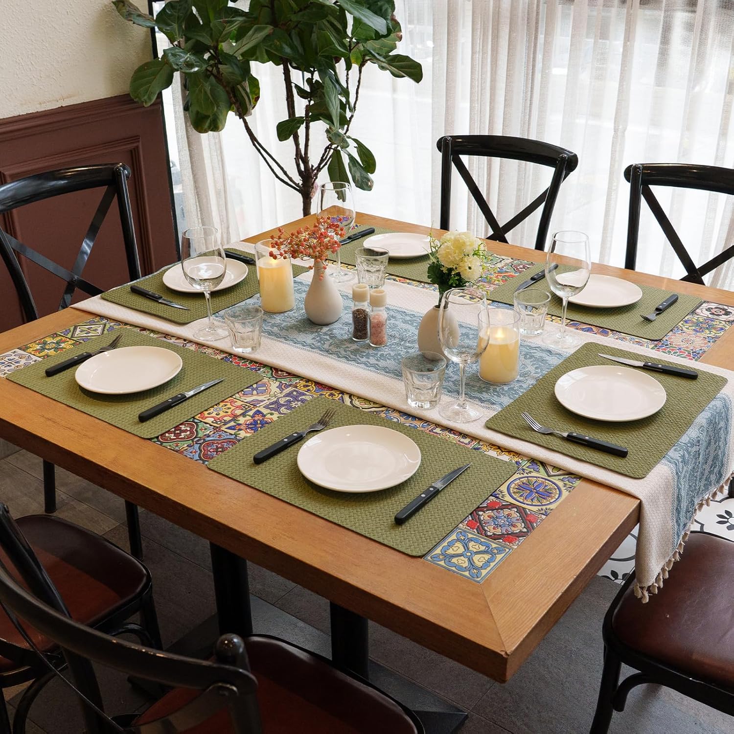 Rectangle Leather Placemats Set of 6, Faux Leather Dining Table Mats with Hand-Painted Edge, Thickened Double-Layer Waterproof Washable Heat Resistant Non Slip Elegant Place Mats for Kitchen Table