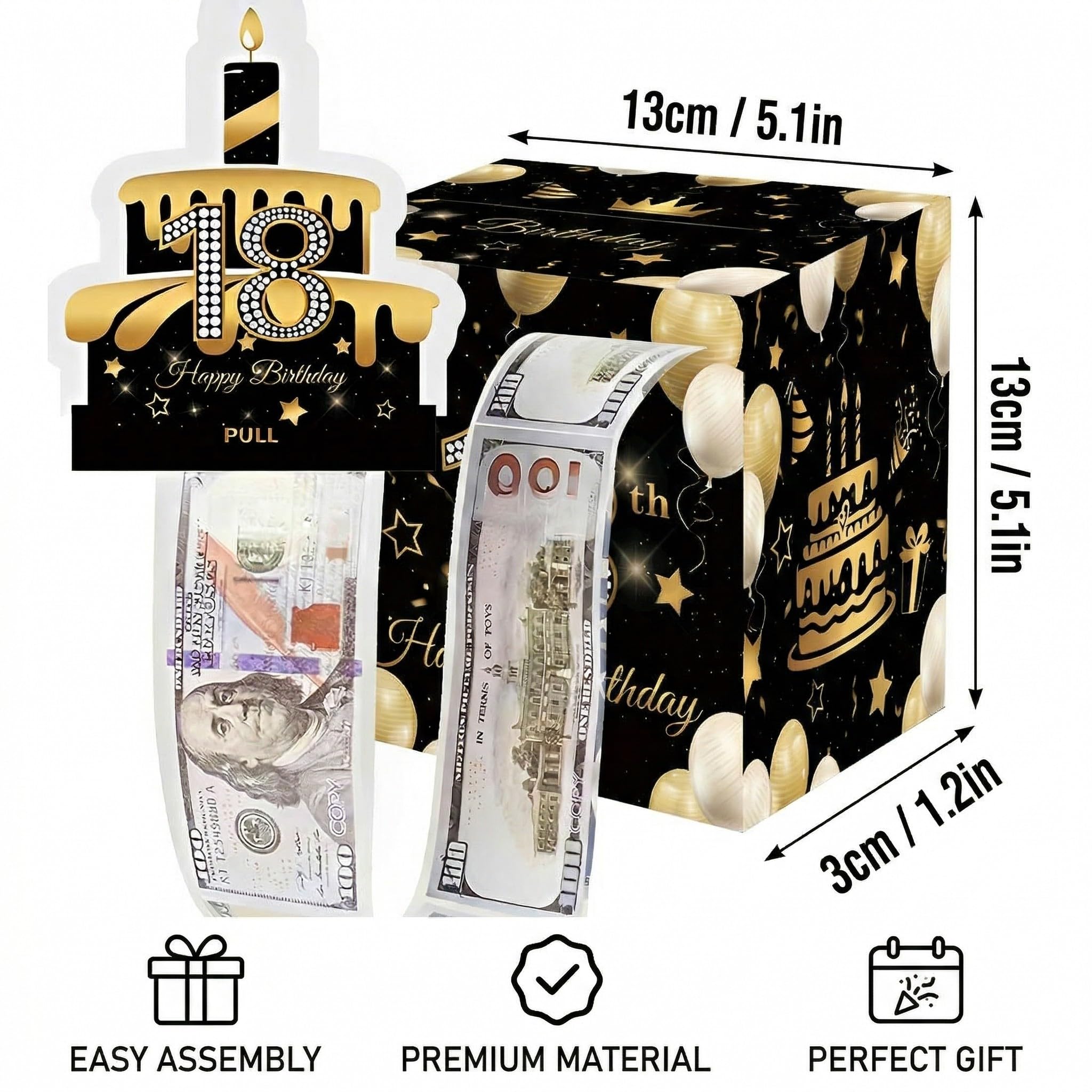 Hucha de Dinero para Cumpleaños 18, Caja de Regalo Efectivo, Negro y Dorado