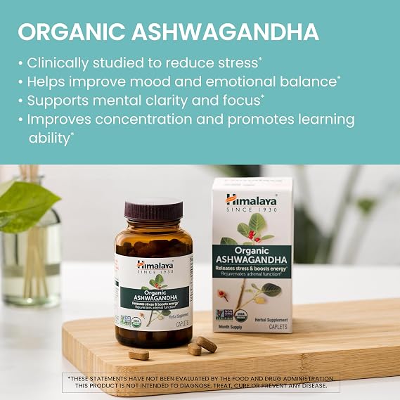 Himalaya Organic Ashwagandha Root, 120 Day Supply - Herbal Adrenal Support Supplements for Stress Relief and Energy Support - USDA Organic, Non-GMO, Vegan, Gluten Free, 670 mg, 120 Caplets
