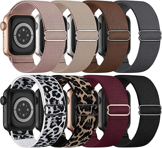8 Pack Stretchy Solo Loop Band Compatible with Apple Watch Bands for Women Men 40mm 38mm 41mm 42mm 44mm 45mm 46mm 49mm, Nylon Braided Elastic Strap for iWatch Series 10 9 8 7 6 SE 5 4 3 Ultra Ultra 2