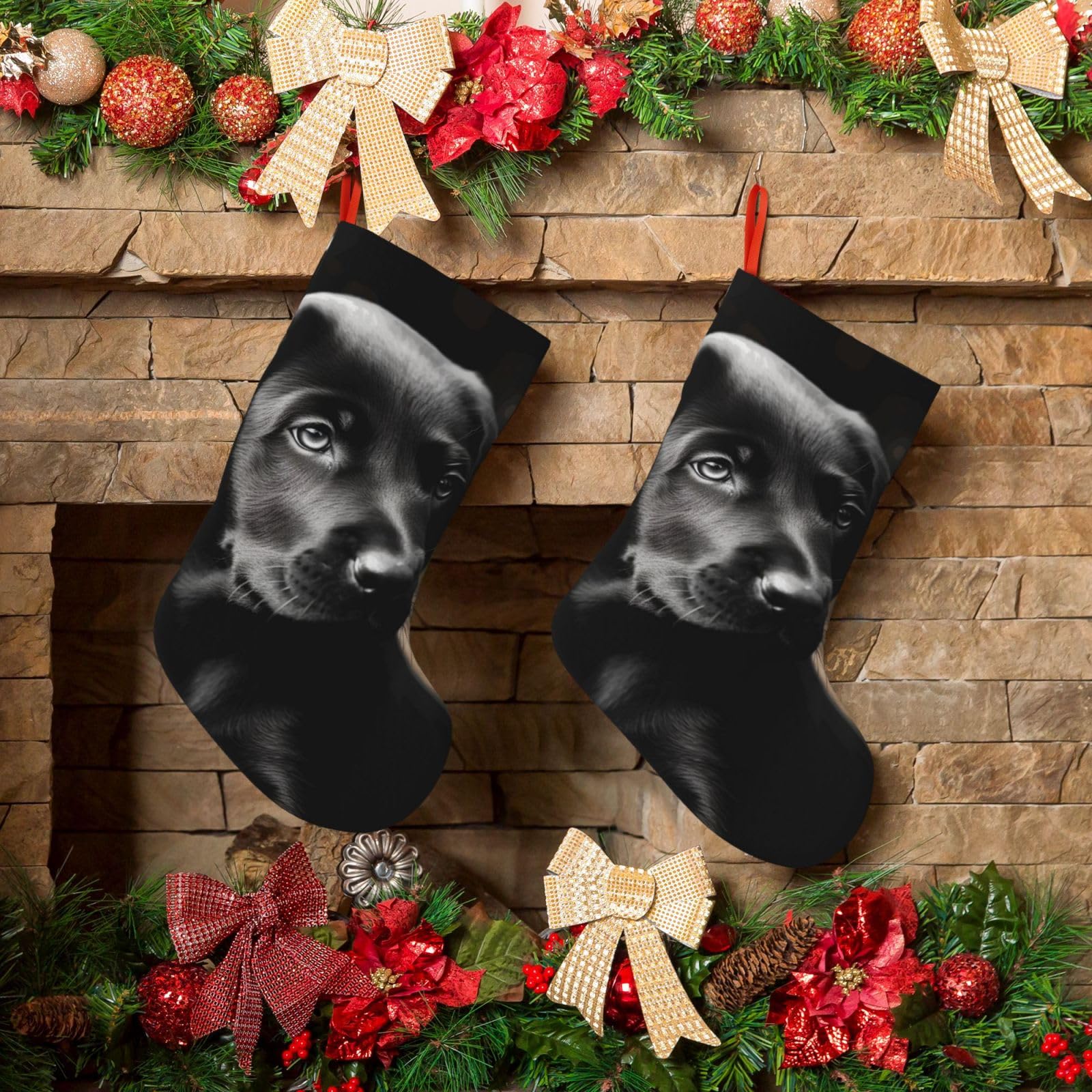 KLOPH Christmas Stockings 18" Personalized Xmas Stocking Black Labrador Puppy Decoration Stocking Hanging Fireplace Stocking for Holiday Xmas Tree Christmas Fireplace Decor
