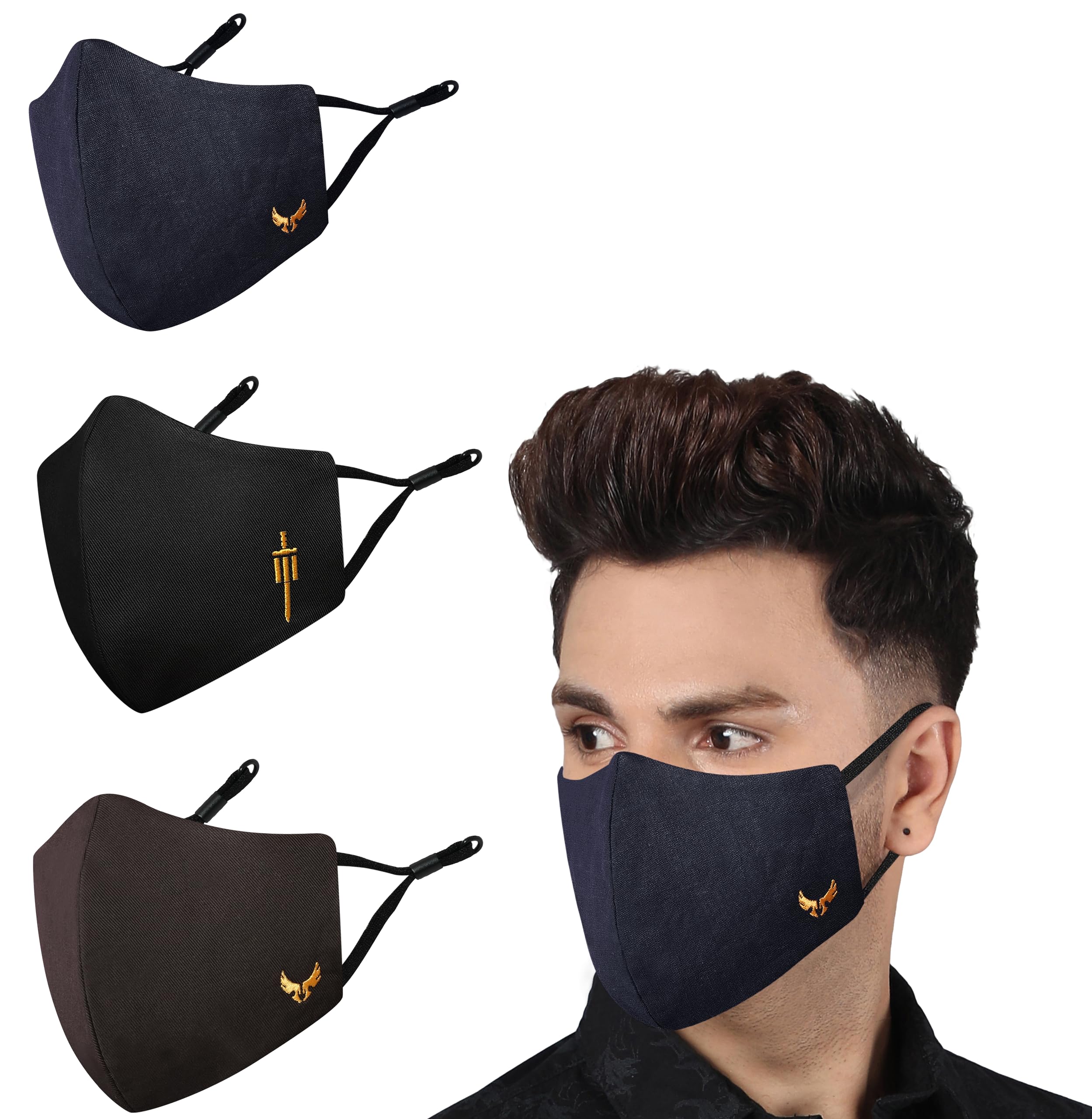 MASQ Sabre & Wings 4 Layer, Reusable, Breathable, Anti-Bacterial (BFE>99%) Embroidered 100% Pure Cotton Cloth Face Mask Combo with Ear Adjusters for Men, (Black Pack of 3)