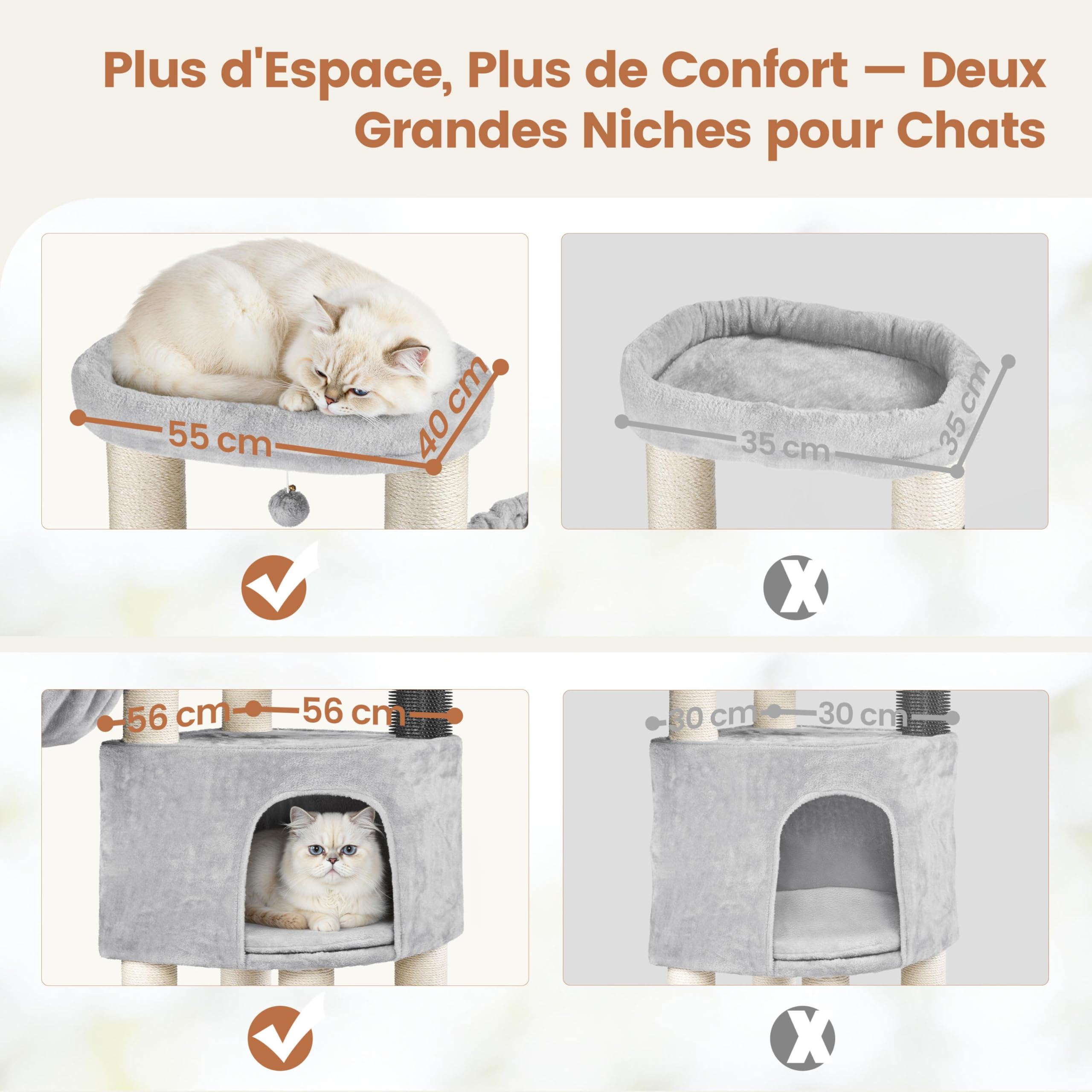 Abician Arbre à Chat XXL, Tour de Jeux pour Chat 25 KG, 56×56×160 cm, avec Griffoirs/Grande Niche/2 Panier/Perchoir/2 Jouets, Poteaux en Sisal 11 cm Ø Gris Clair/Beige
