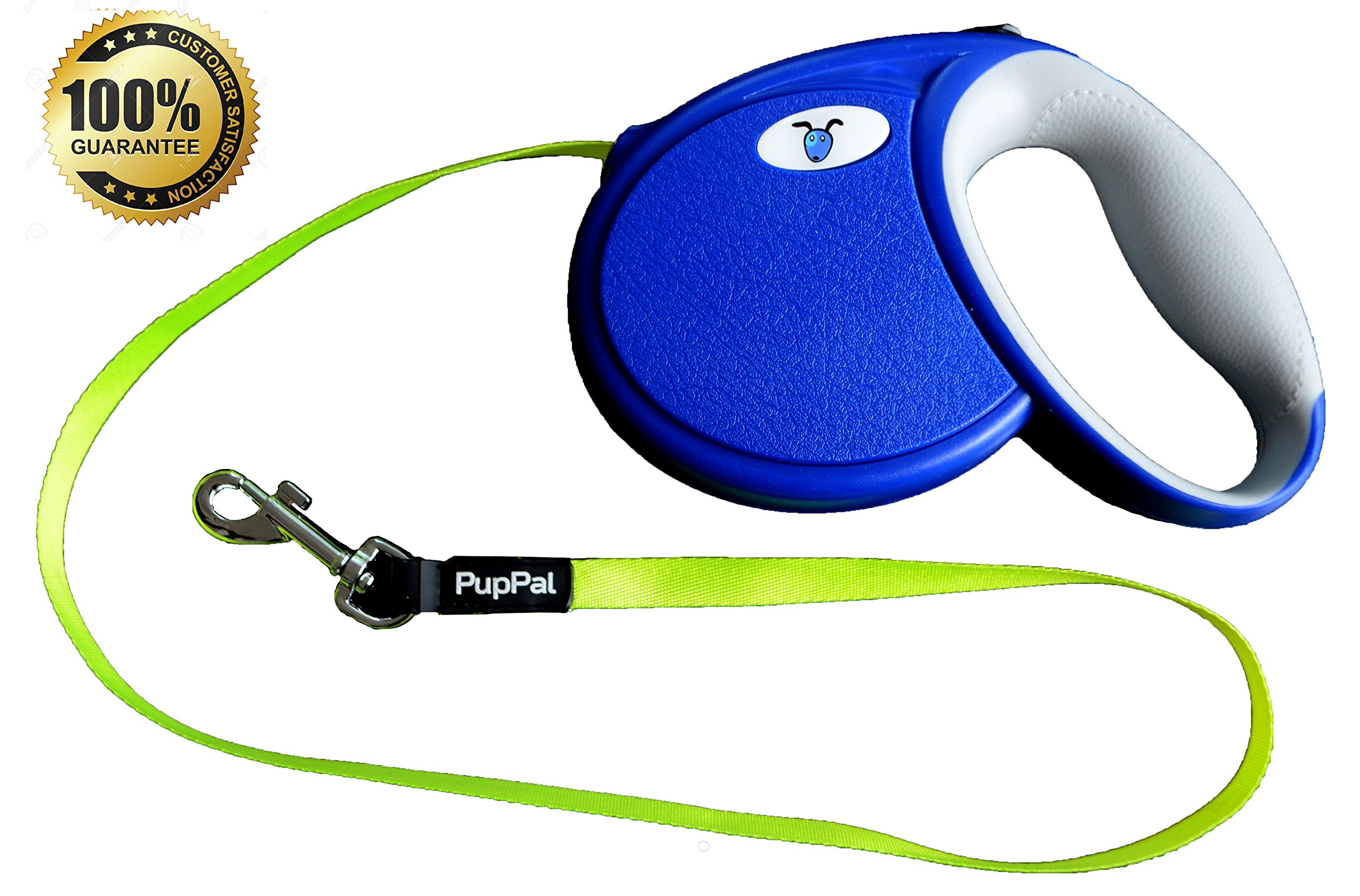Pro Retractable Dog Leash - Ribbon Style Leash for Smoother Retraction and Does NOT Burn Skin Anti-Slip Handle Design - Small: Up to 44lbs (Blue and Grey with Bright Yellow Ribbon) Guarantee