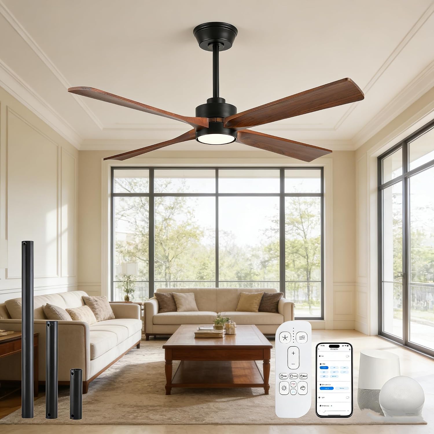 60 Inch Farmhouse Wood Ceiling Fan with Light,High CFM Quiet DC Fan,Smart App/Voice/Remote Control,Energy Efficient Ceiling Fans with Lamp,Reversible Blades,Indoor Living Room Bedroom Covered Patio