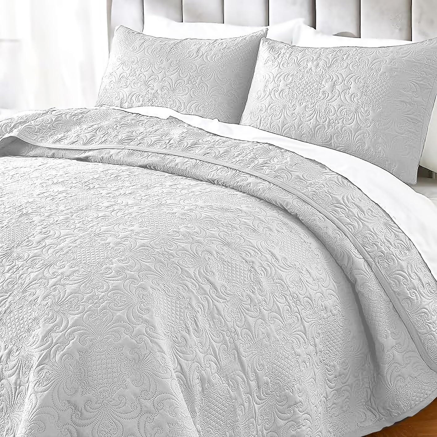 LABHAM - Bedcover Bedspread King Size for Double Bed with 2 Pillow Covers. Super Soft, Fluffy, Ultrasonic Quilted. (White)