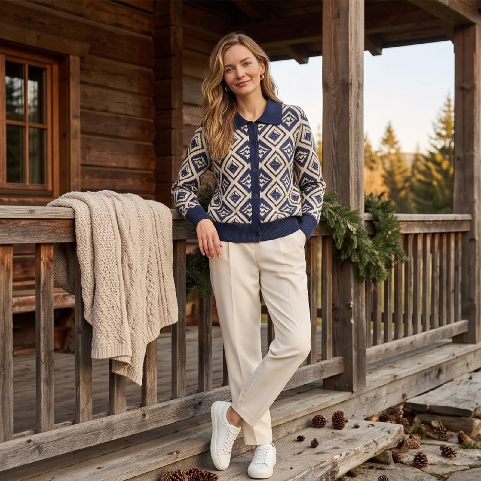 Cardigan da donna con colletto, motivo geometrico, abbottonatura, maniche lunghe, casual, invernale, corto, lavorato a maglia grossa