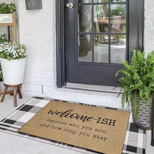 Miniatura 6 de Tapete de bienvenida grande de 2 piezas para puerta delantera, tapete de cuadros a cuadros a cuadros para exteriores, divertido tapete de bienvenida