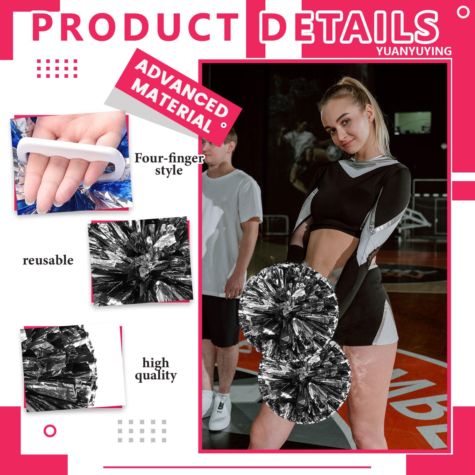 Pompony Cheer 16 szt. z uchwytem na cztery palce, ręczne pompony drużyny cheerleaderek do drużyny sportowej, gry ducha, na imprezę taneczną dla dorosłych (czarne + srebrne)