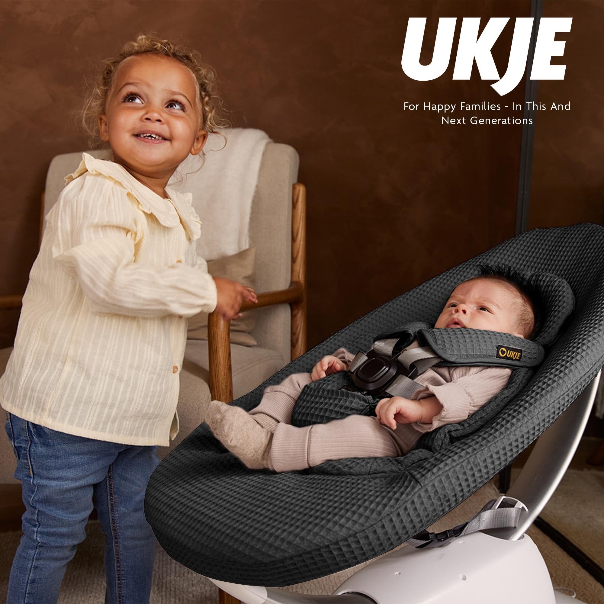 UKJE Inserto per Altalena Neonato Compatibile con mamaRoo 5 e RockaRoo | Rivestimento Morbido Reversibile | Facile da Installare e Lavare | Accessori per Sdraietta e Baby Bouncer, Nero