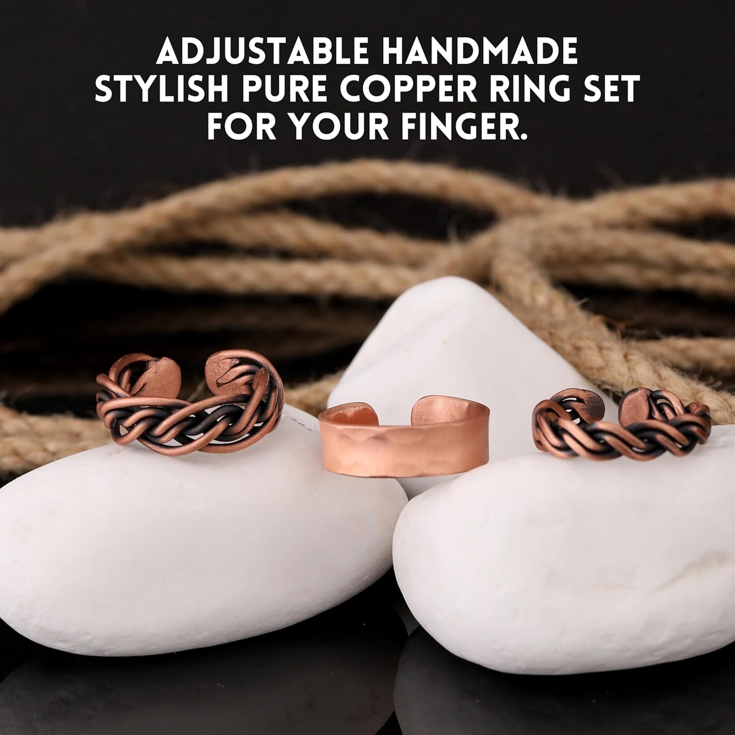 Handmade adjustable rings made of pure copper in a set of three-Elegant Design Pure Copper Rings(intricate-helix-hammered)