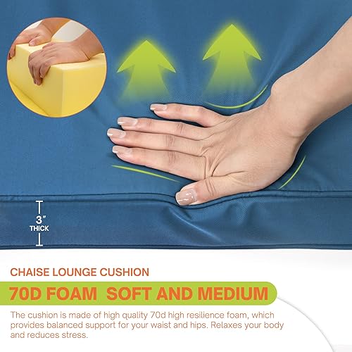 Miniatura 3 de Cojín de tumbona de 72 x 21 x 3 pulgadas para muebles de exterior, cojín grueso resistente al agua, cojín antideslizante de doble ribete para