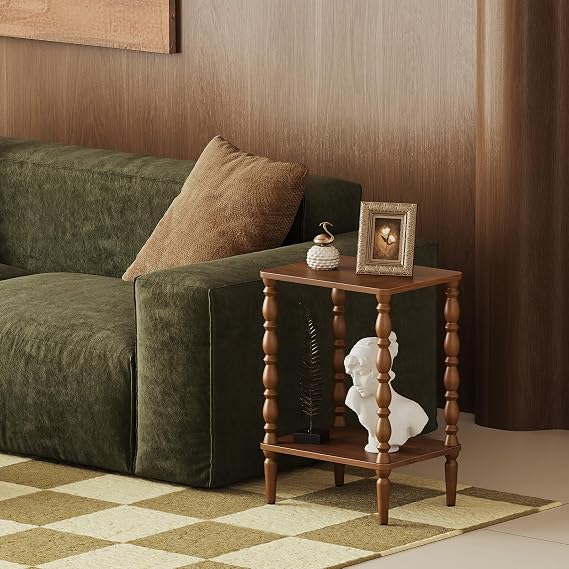 Small Side Table - 2-Tier Wood End Table with Storage Shelf for Living Room, Vintage Night Stand for Bedroom Small Spaces, Rectangle Accent Table with Spindle Legs, Walnut