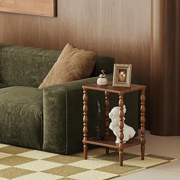 Small Side Table - 2-Tier Wood End Table with Storage Shelf for Living Room, Vintage Night Stand for Bedroom Small Spaces, Rectangle Accent Table with Spindle Legs, Walnut