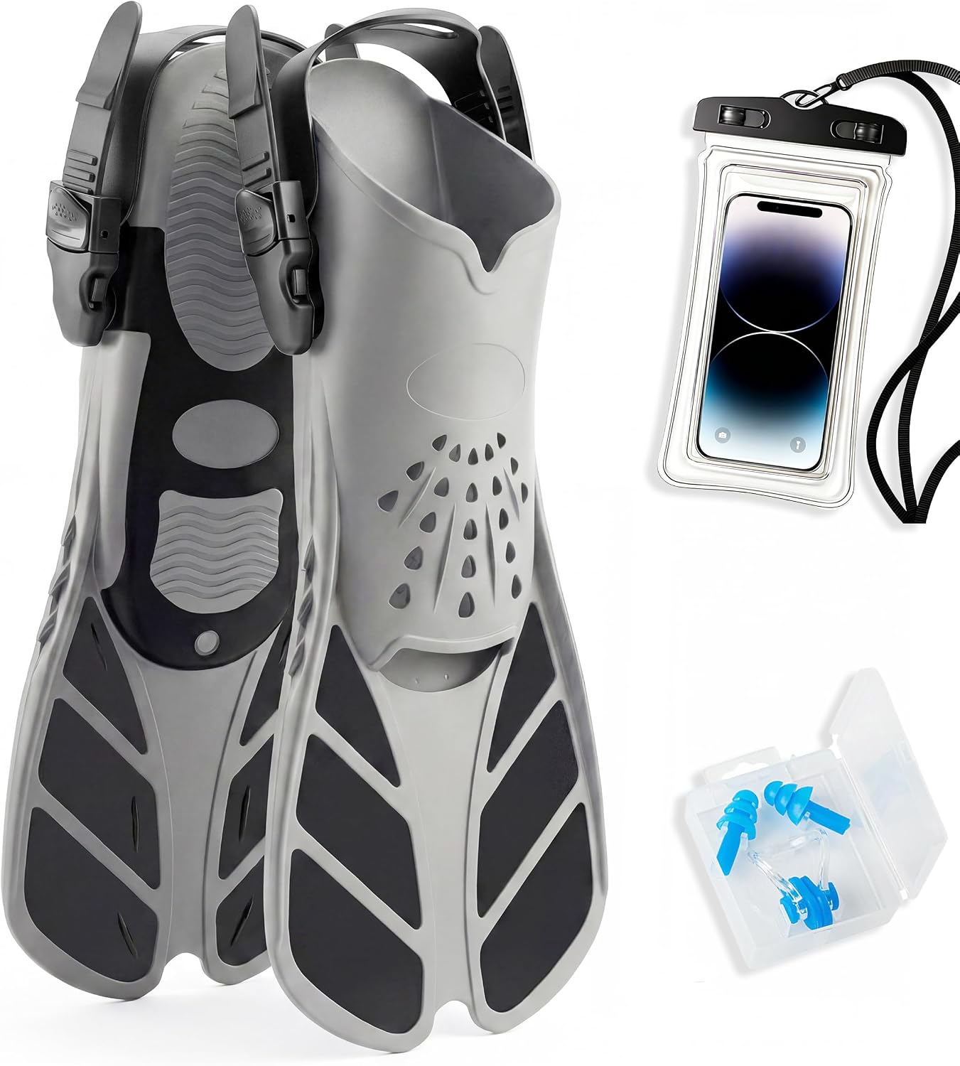 Swim Flippers Snorkel Fins Adjustable Buckles Open Heel for Adult Men Women | Snorkel Fins Travel Size Short Swim Fins for Snorkeling Diving Swimming wih Waterproof Phone Pouch & Ear Plugs & Nose Clip
