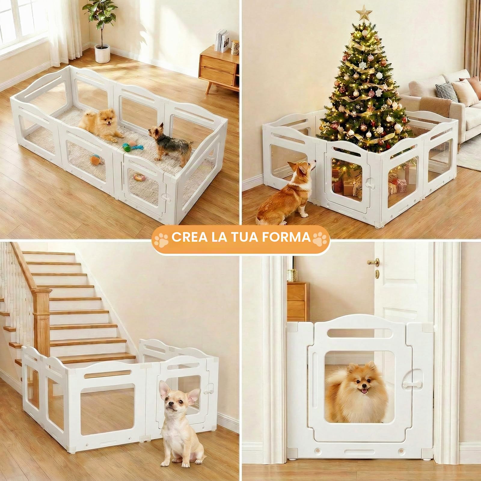 MAMIZO Recinto per Cani Acrilico 129 × 129 × 60 cm, Box per Cuccioli | Box per il Parto Cani con Porta a Chiusura e Ventose, 8 PCS Pannelli Parco per Cani adatto Appartamento, Bianco