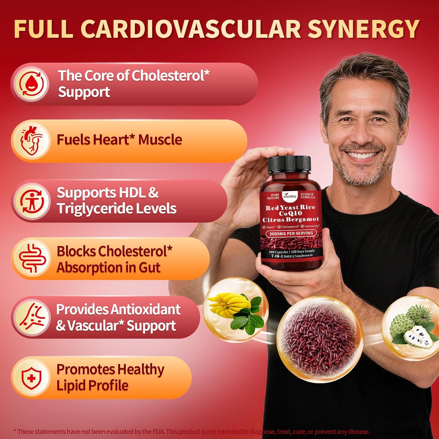 VivoNu Red Yeast Rice with CoQ10, Citrus Bergamot Supplements* | 3000mg Red Yeast Rice, Citrus Bergamot, CoQ10, 240 Capsules
