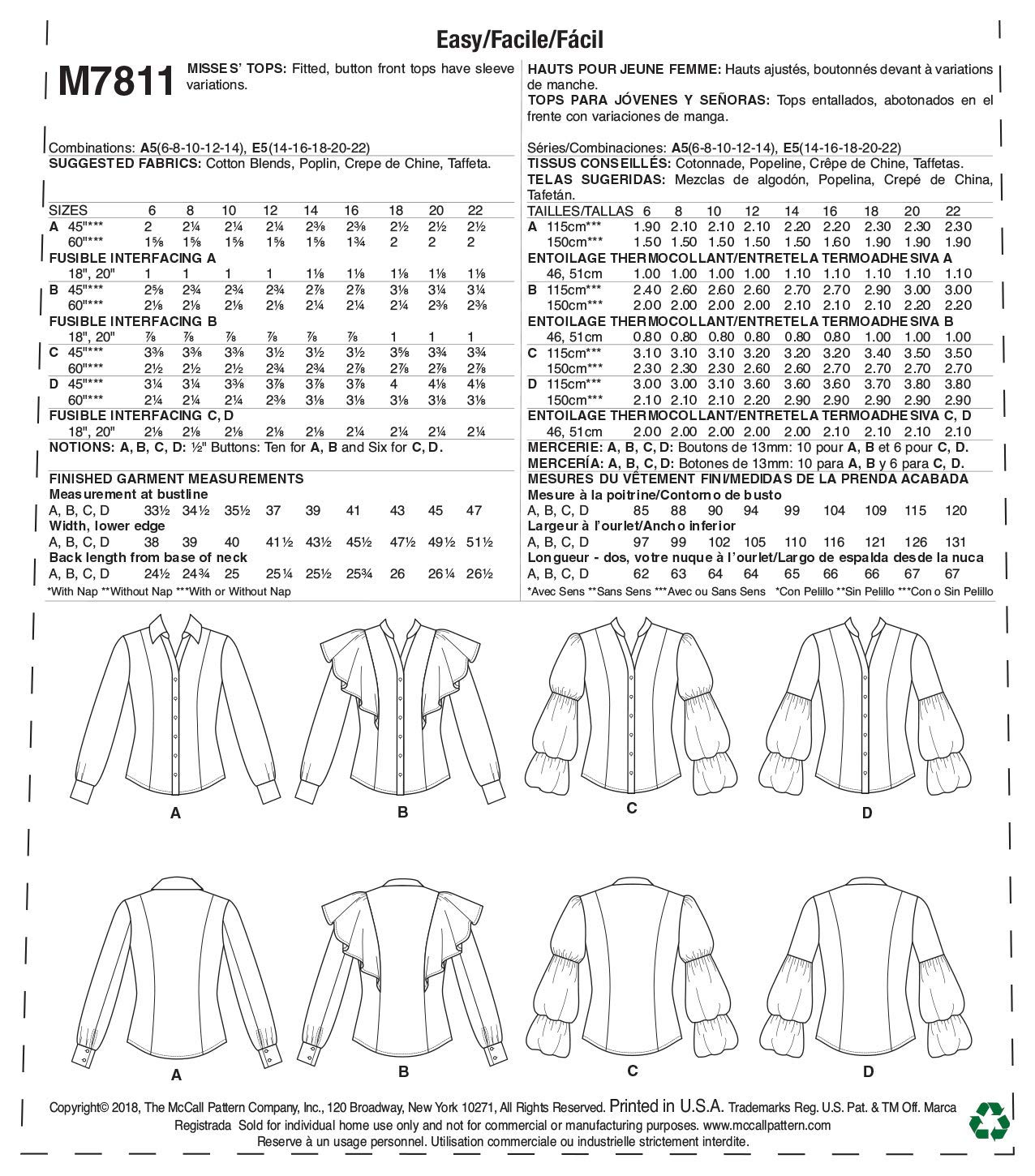 McCall's Patterns McCall's Women's Button-Up Blouse Sewing Patterns, Sizes 6-14, 6-8-10-12-14