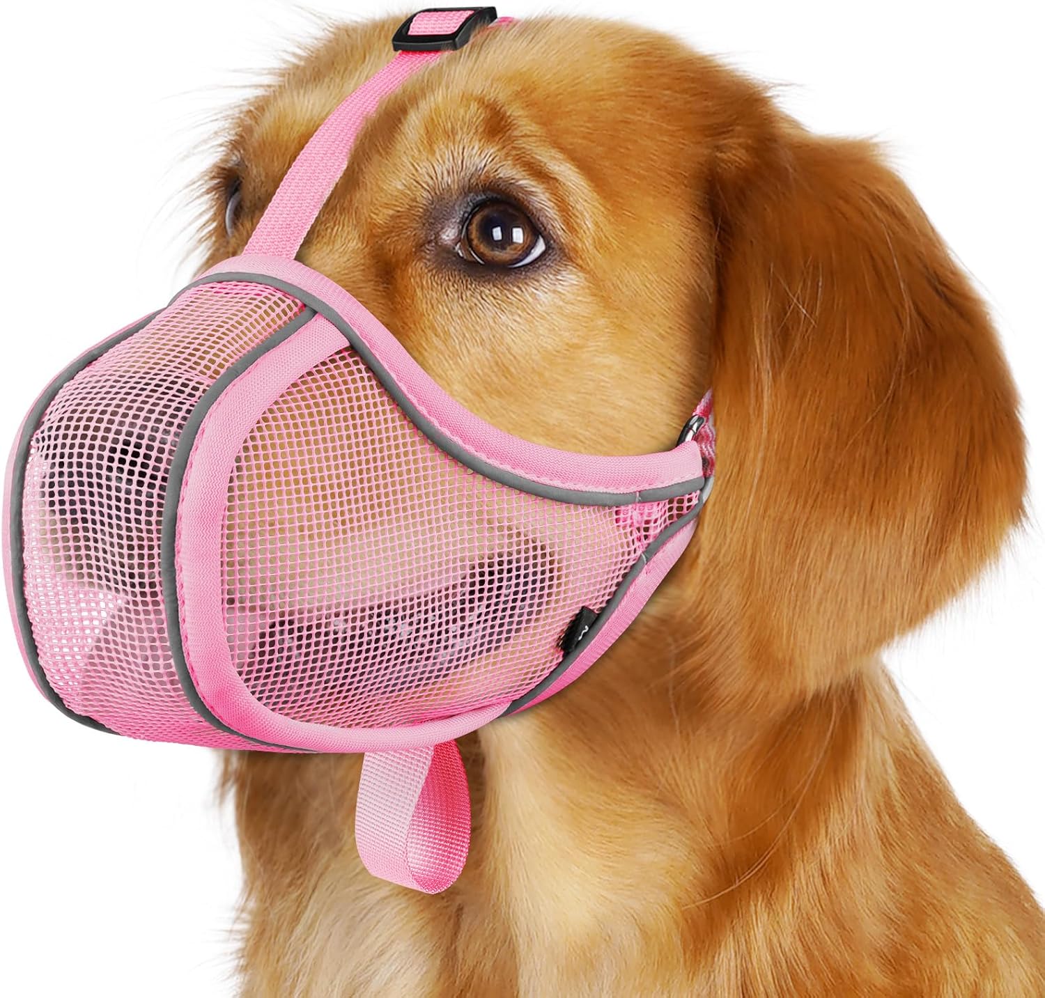 Mayerzon Breathable Mesh Dog Muzzle for Small Medium Dogs - Prevents Biting Scavenging Chewing, Reflective Adjustable Soft Mouth Guard, Pink Size S