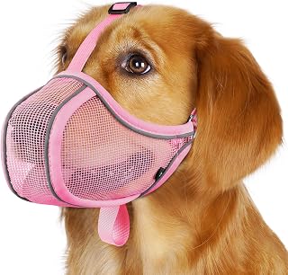 Mayerzon Breathable Mesh Dog Muzzle for Small Medium Dogs - Prevents Biting Scavenging Chewing, Reflective Adjustable Soft Mouth Guard, Pink Size S
